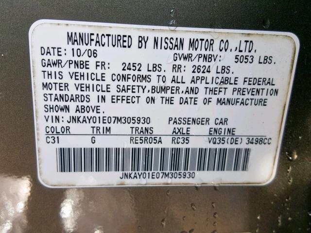 JNKAY01E07M305930 - 2007 INFINITI M35 BASE GRAY photo 10