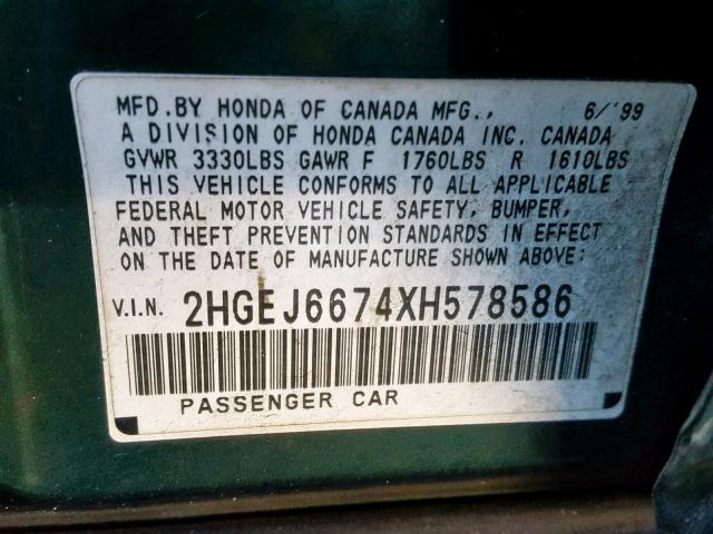 2HGEJ6674XH578586 - 1999 HONDA CIVIC LX GREEN photo 10