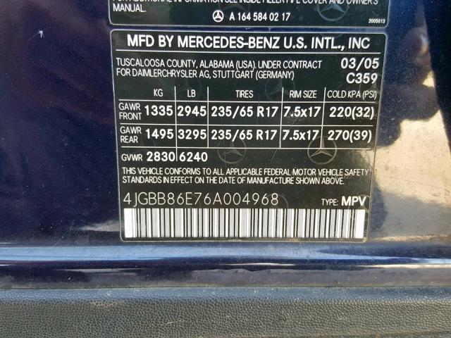 4JGBB86E76A004968 - 2006 MERCEDES-BENZ ML 350 BLUE photo 10