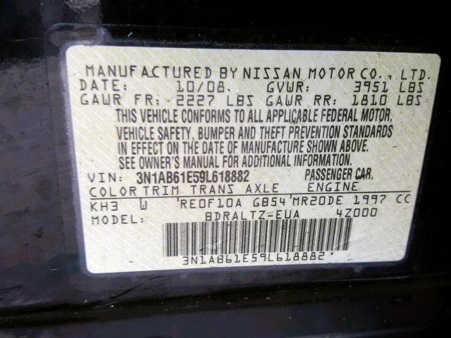 3N1AB61E59L618882 - 2009 NISSAN SENTRA 2.0 BLACK photo 10