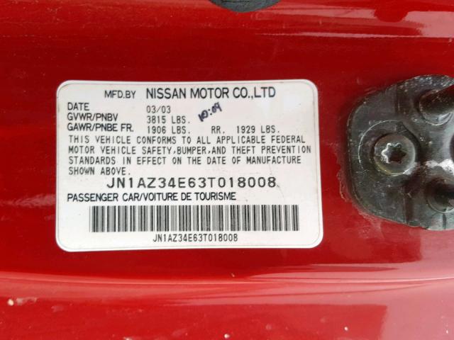 JN1AZ34E63T018008 - 2003 NISSAN 350Z COUPE RED photo 10