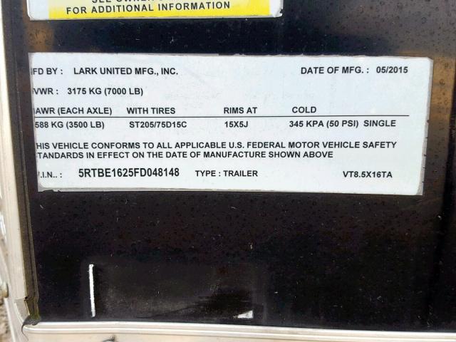 5RTBE1625FD048148 - 2015 LARK TRAILER BLACK photo 10