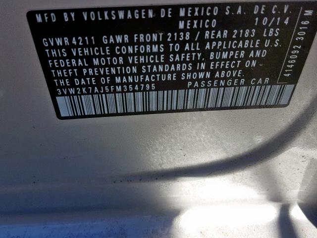 3VW2K7AJ5FM354795 - 2015 VOLKSWAGEN JETTA BASE SILVER photo 10