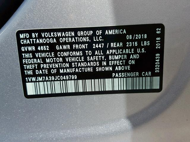 1VWJM7A39JC049799 - 2018 VOLKSWAGEN PASSAT GT SILVER photo 10