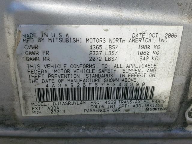 4A3AB26F67E043290 - 2007 MITSUBISHI GALANT DE SILVER photo 10