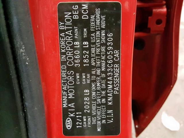 KNADM4A33C6059306 - 2012 KIA RIO LX RED photo 10