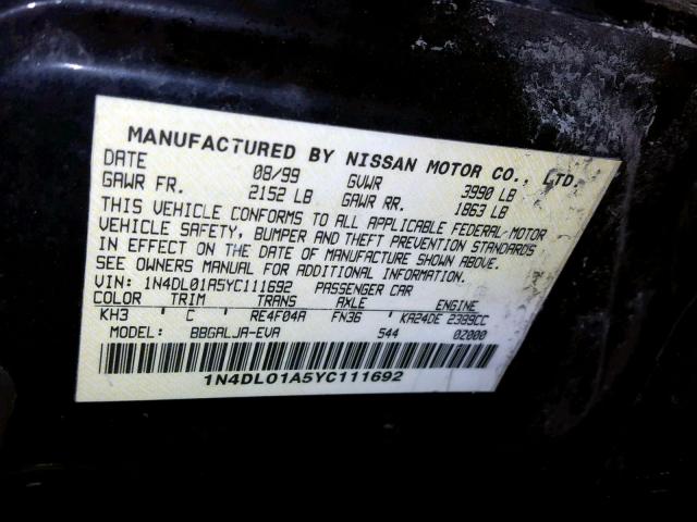 1N4DL01A5YC111692 - 2000 NISSAN ALTIMA XE BLACK photo 10