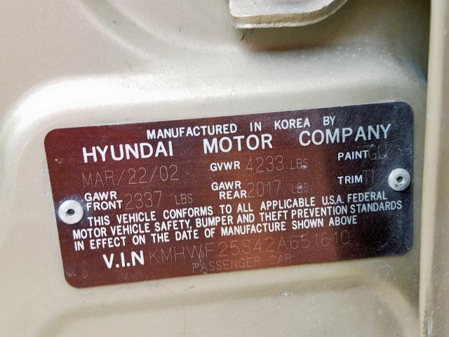 KMHWF25S42A651610 - 2002 HYUNDAI SONATA GL GOLD photo 10