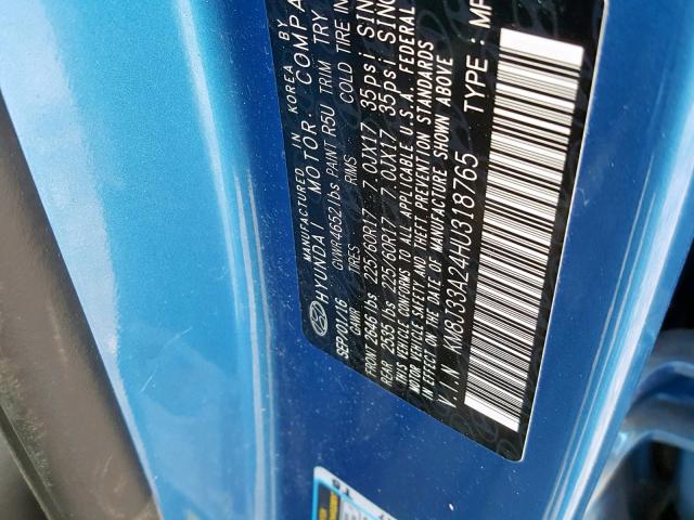 KM8J33A24HU318765 - 2017 HYUNDAI TUCSON LIM BLUE photo 10