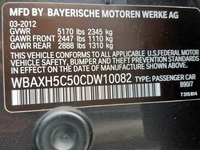 WBAXH5C50CDW10082 - 2012 BMW 528 XI GRAY photo 10