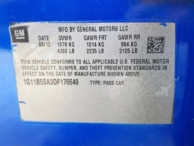 1G11B5SA3DF176649 - 2013 CHEVROLET MALIBU LS BLUE photo 10