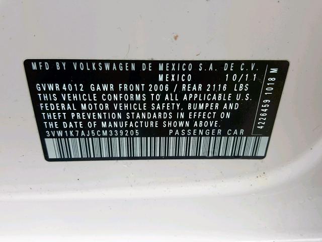 3VW1K7AJ5CM339205 - 2012 VOLKSWAGEN JETTA BASE WHITE photo 10