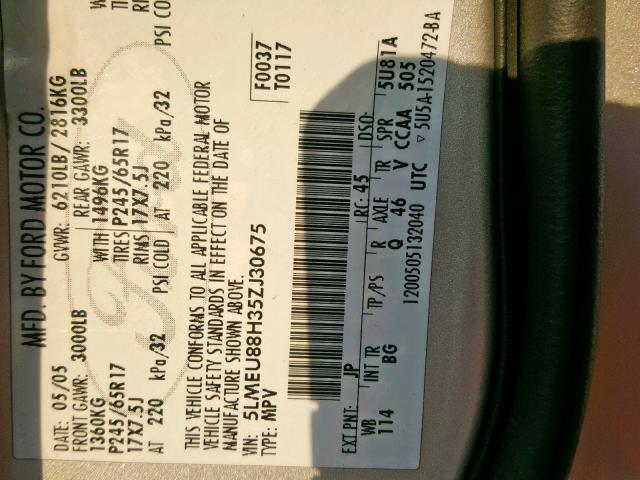 5LMEU88H35ZJ30675 - 2005 LINCOLN AVIATOR 银色 照片 10