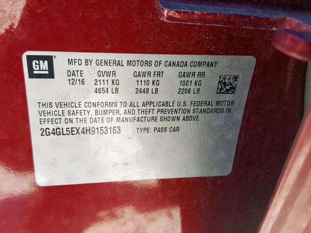 2G4GL5EX4H9153163 - 2017 BUICK REGAL SPOR RED photo 10