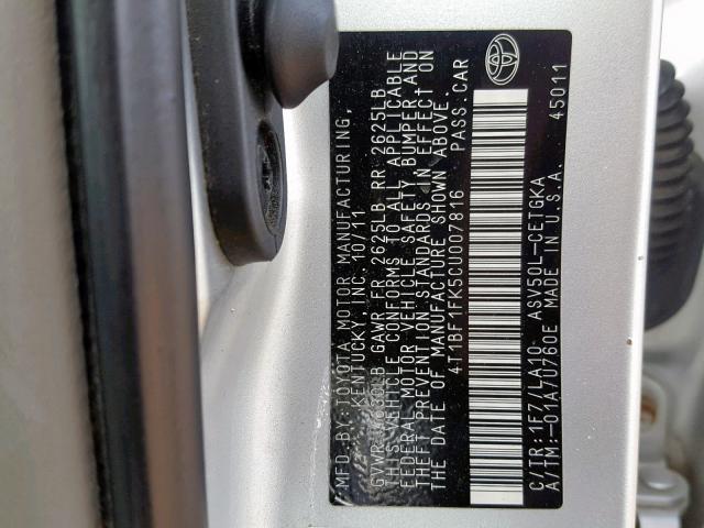 4T1BF1FK5CU007816 - 2012 TOYOTA CAMRY BASE SILVER photo 10
