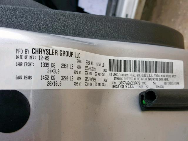 1J4RR7GW8AC137472 - 2010 JEEP GRAND CHER SILVER photo 10