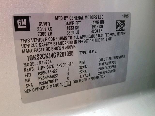 1GKS2CKJ4GR201095 - 2016 GMC YUKON DENA SILVER photo 10