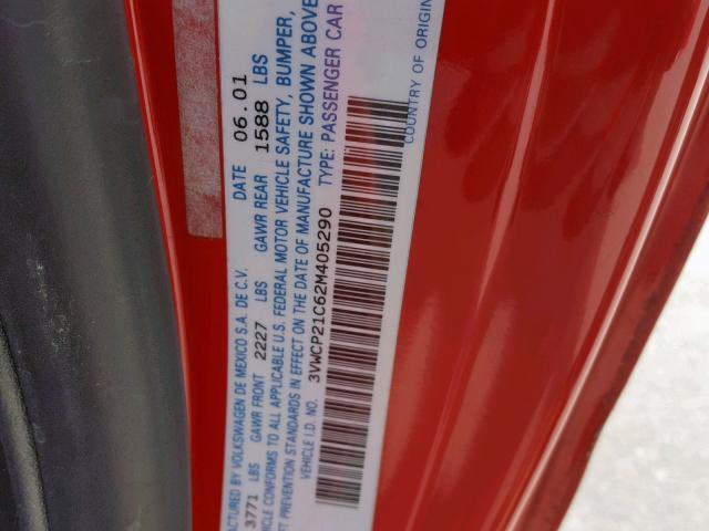 3VWCP21C62M405290 - 2002 VOLKSWAGEN NEW BEETLE წითელი ფოტო 10