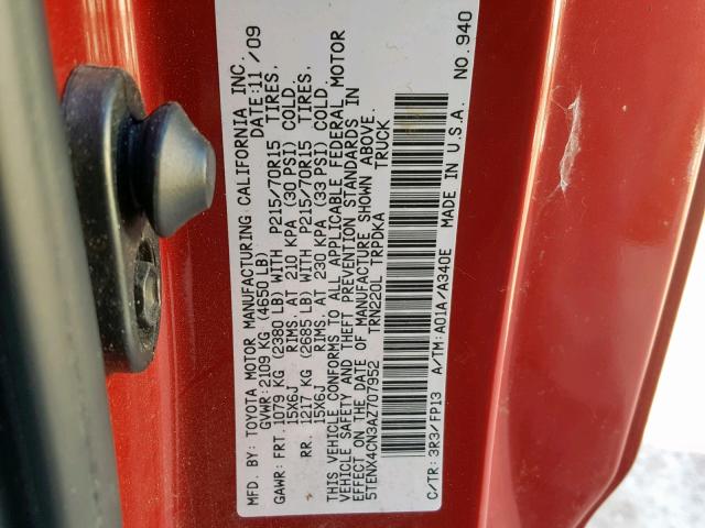 5TENX4CN3AZ707952 - 2010 TOYOTA TACOMA RED photo 10