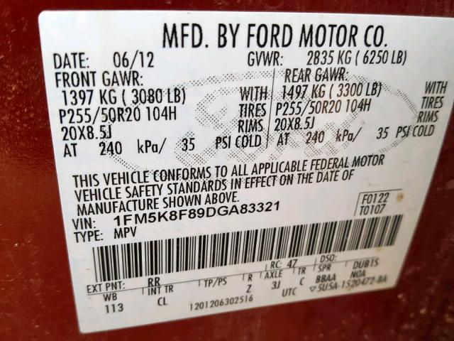 1FM5K8F89DGA83321 - 2013 FORD EXPLORER L RED photo 10