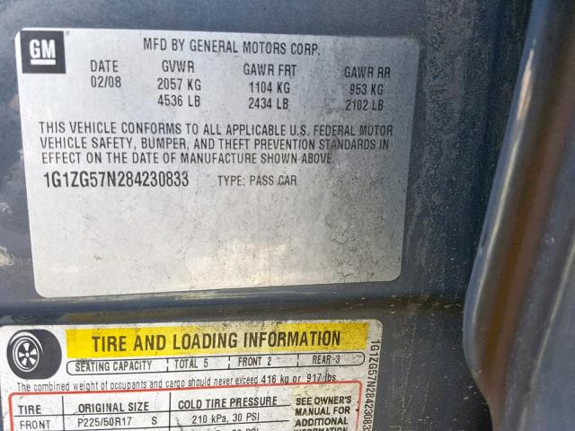 1G1ZG57N284230833 - 2008 CHEVROLET MALIBU LS GRAY photo 10