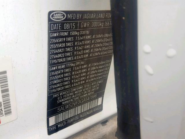SALWS2VF3GA547886 - 2016 LAND ROVER RANGE ROVE WHITE photo 10