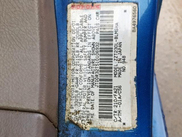 JTDDR32T510106932 - 2001 TOYOTA CELICA GT BLUE photo 10