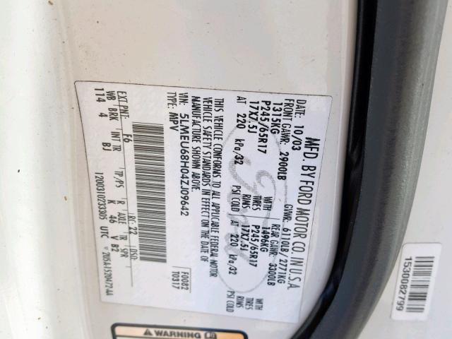 5LMEU68H04ZJ09642 - 2004 LINCOLN AVIATOR 白色 照片 10