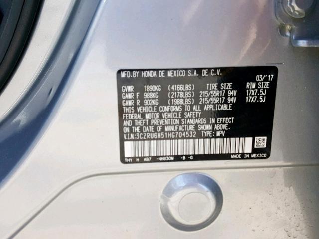 3CZRU6H51HG704532 - 2017 HONDA HR-V EX SILVER photo 10