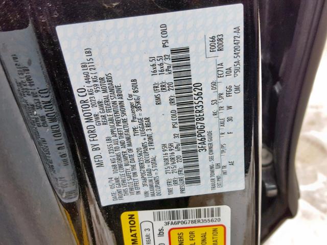 3FA6P0G78ER355620 - 2014 FORD FUSION S BLACK photo 10