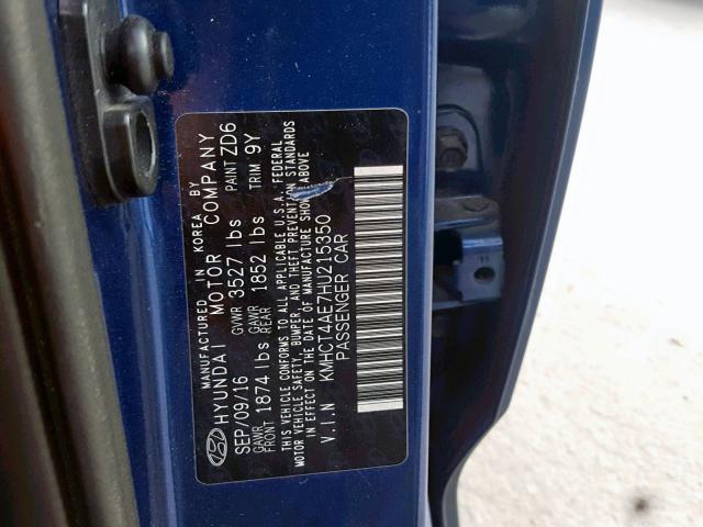 KMHCT4AE7HU215350 - 2017 HYUNDAI ACCENT SE BLUE photo 10