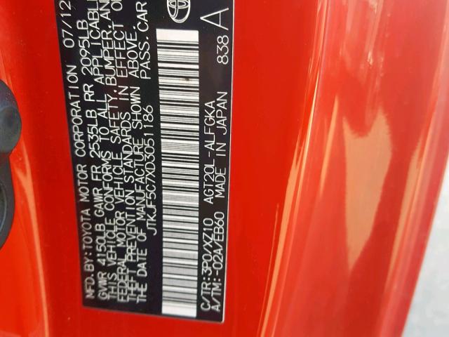 JTKJF5C7XD3051186 - 2013 TOYOTA SCION TC RED photo 10