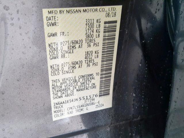 1N6AA1E54JN551576 - 2018 NISSAN TITAN SV GRAY photo 10