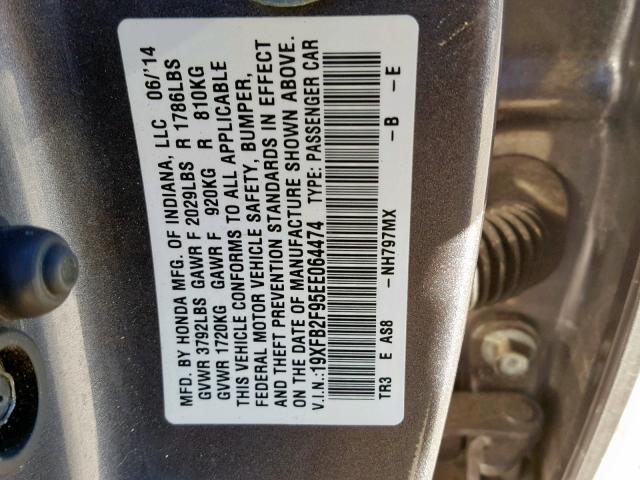 19XFB2F95EE064474 - 2014 HONDA CIVIC EXL SILVER photo 10