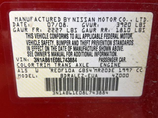 3N1AB61E08L743884 - 2008 NISSAN SENTRA 2.0 RED photo 10