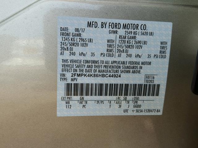 2FMPK4K86HBC44924 - 2017 FORD EDGE TITAN GOLD photo 10