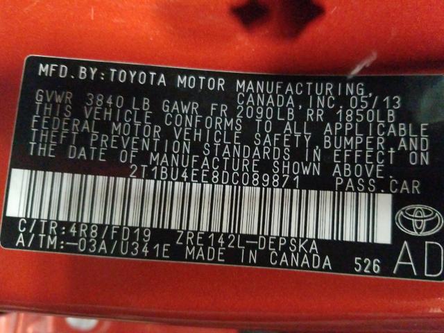 2T1BU4EE8DC089871 - 2013 TOYOTA COROLLA BASE  photo 10