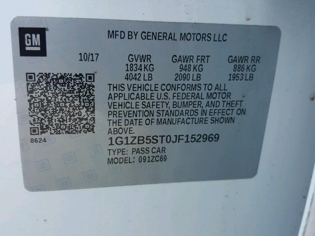 1G1ZB5ST0JF152969 - 2018 CHEVROLET MALIBU LS WHITE photo 10