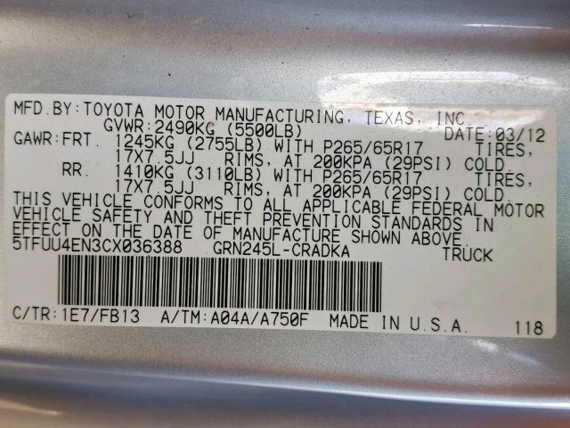 5TFUU4EN3CX036388 - 2012 TOYOTA TACOMA SILVER photo 10