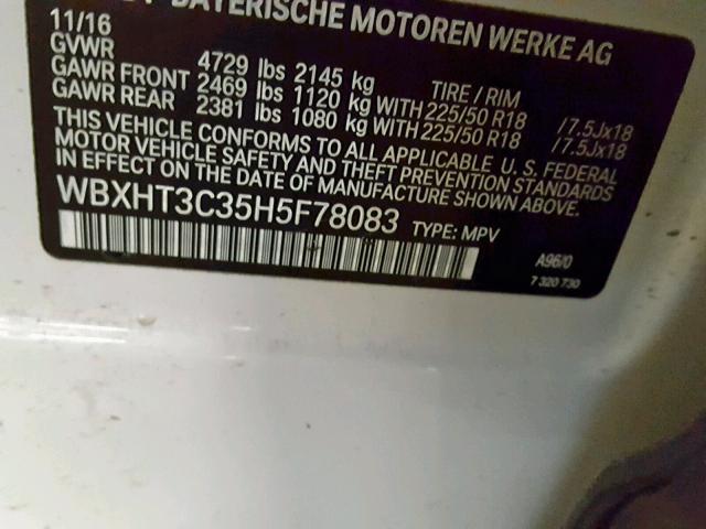 WBXHT3C35H5F78083 - 2017 BMW X1 XDRIVE2 WHITE photo 10