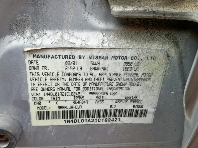 1N4DL01A21C182421 - 2001 NISSAN ALTIMA GXE SILVER photo 10