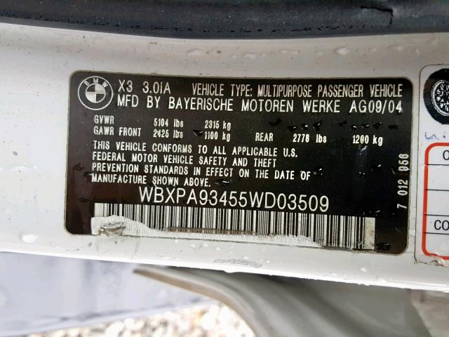 WBXPA93455WD03509 - 2005 BMW X3 3.0I WHITE photo 10