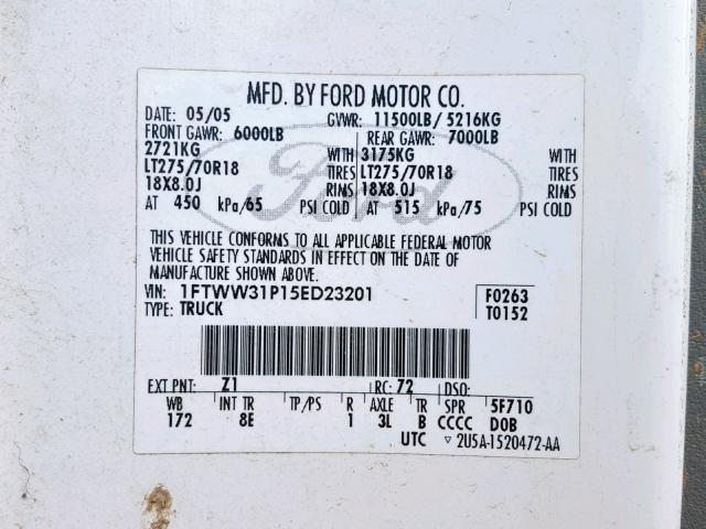 1FTWW31P15ED23201 - 2005 FORD F350 SRW S WHITE photo 10