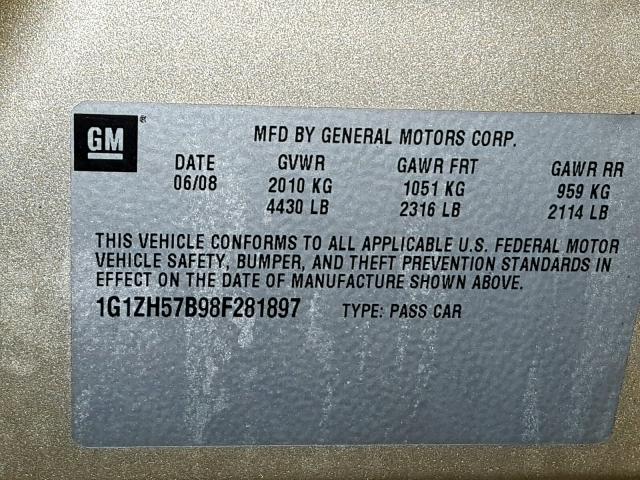 1G1ZH57B98F281897 - 2008 CHEVROLET MALIBU 1LT 金色 照片 10