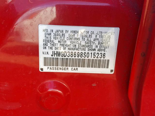 JHMGD38698S015236 - 2008 HONDA FIT SPORT RED photo 10