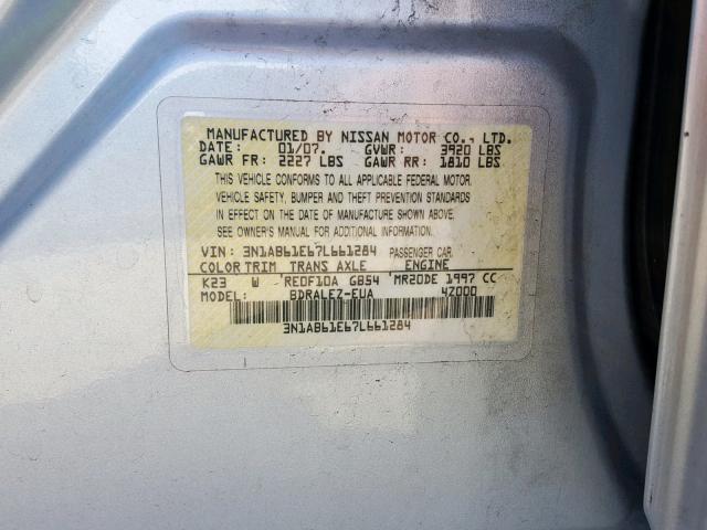 3N1AB61E67L661284 - 2007 NISSAN SENTRA 2.0 SILVER photo 10