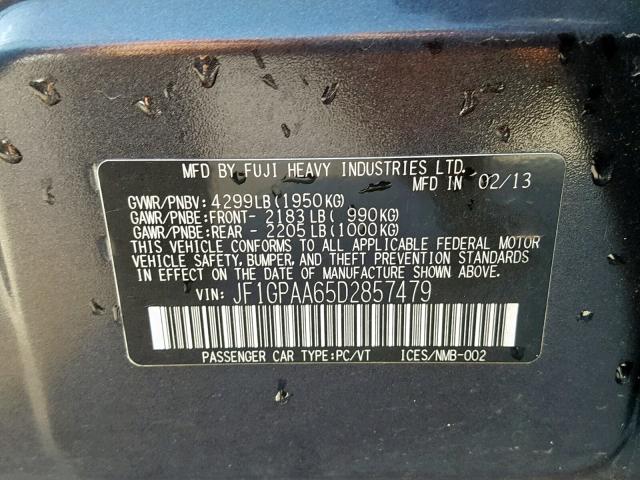 JF1GPAA65D2857479 - 2013 SUBARU IMPREZA BA GRAY photo 10