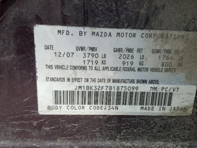 JM1BK32F781875099 - 2008 MAZDA 3 I PURPLE photo 10