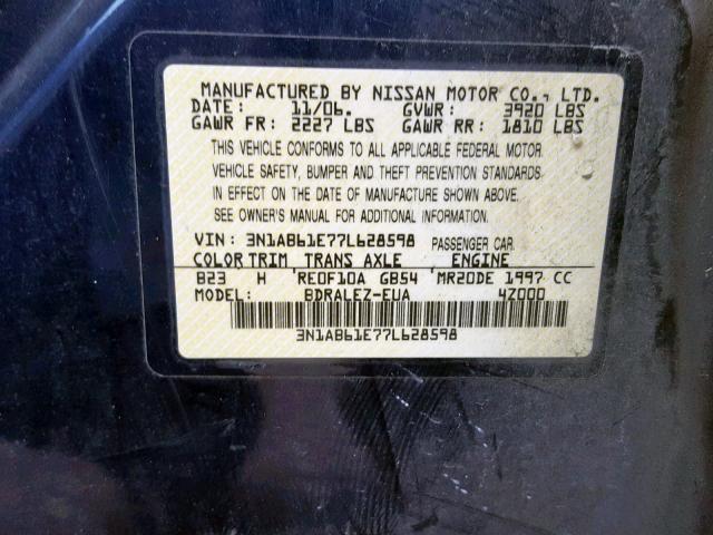 3N1AB61E77L628598 - 2007 NISSAN SENTRA 2.0 BLUE photo 10