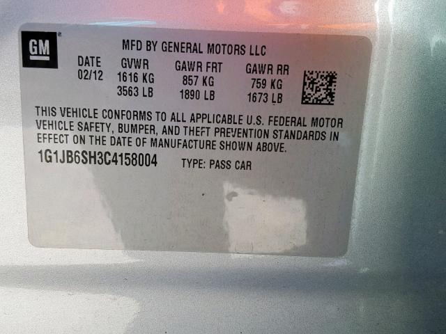 1G1JB6SH3C4158004 - 2012 CHEVROLET SONIC LS 银色 照片 10